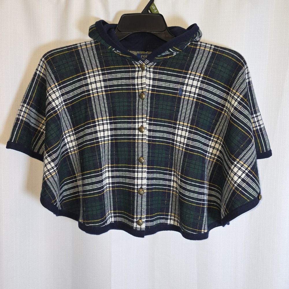 Girls Polo Ralph Lauren Tartan Plaid Poncho/Sweater Hood Wool Size 6/6X